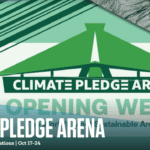 A graphic showing the new Climate Pledge Arena grand opening this week. A green stylized graphic showcases the new arena, with wording describing the grand opening.