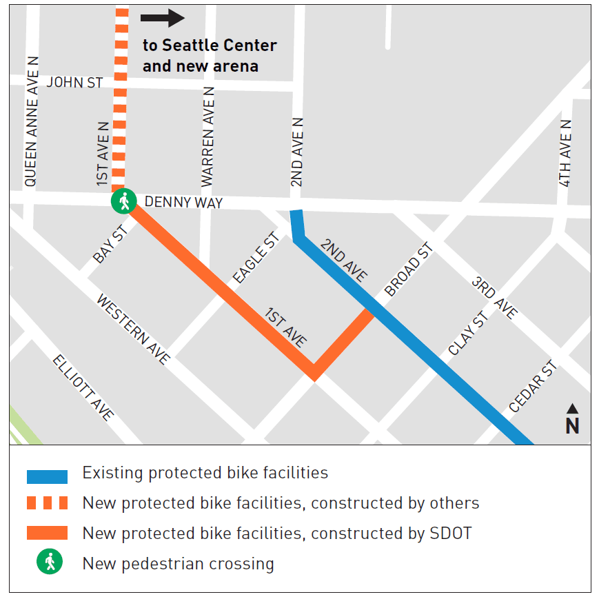 Map graphic showcasing new protected bike lane routes in Seattle's Uptown neighborhood, with orange and blue lines showing new and existing routes along local streets.