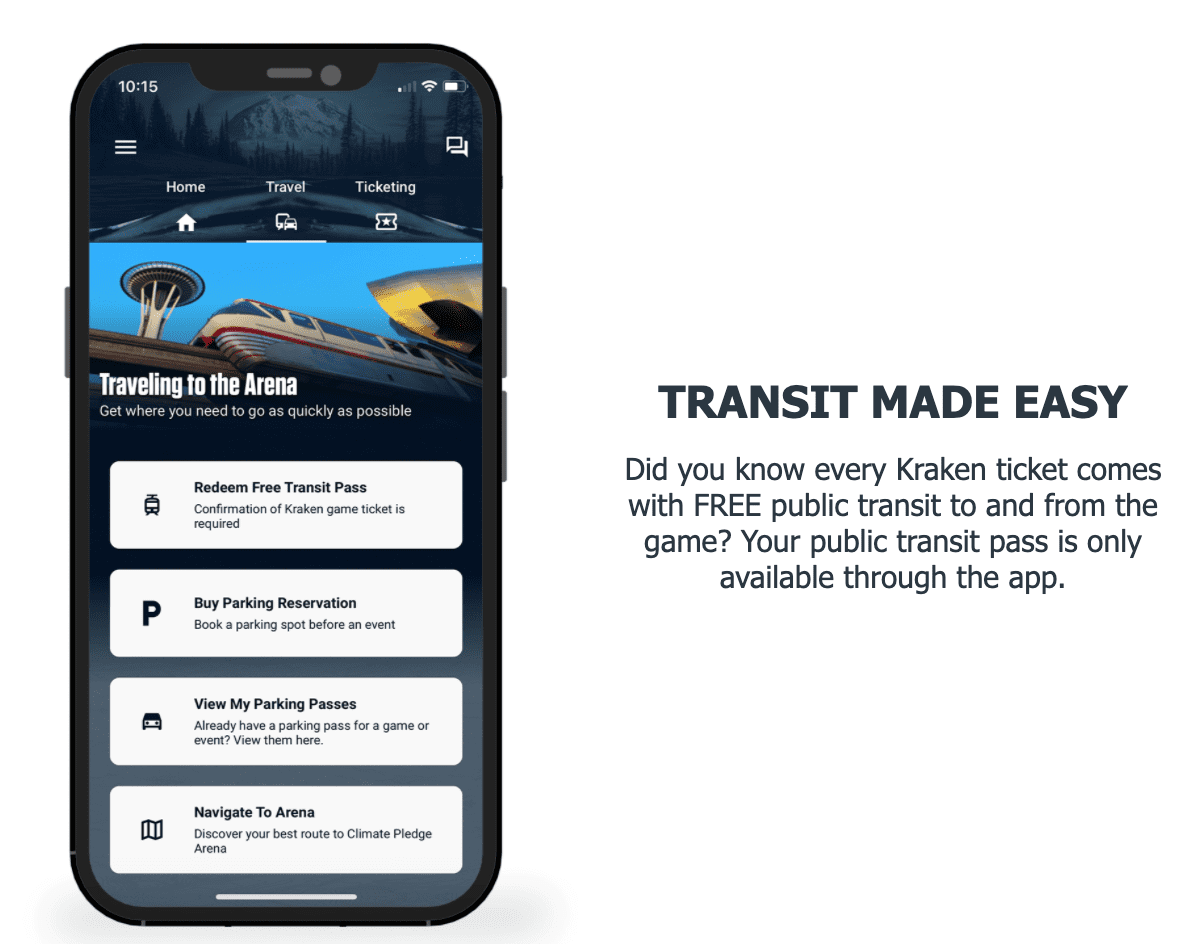 A graphic explaining the new Seattle Kraken + Climate Pledge Arena mobile app, with text describing how it helps attendees understand their transportation options and utilize a free transit pass offered to ticketholders for Seattle Kraken hockey home games at the new arena. The Seattle Center Monorail is visible as well as a part of the Space Needle, within the graphic.