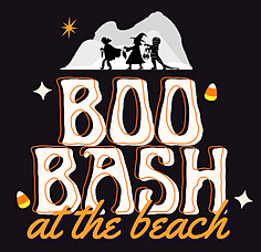 An event graphic highlighting the Boo Bash at the Beach event. The stylized text is visible in the image, with a black background and orange and white text. Candy corn graphics are also visible.