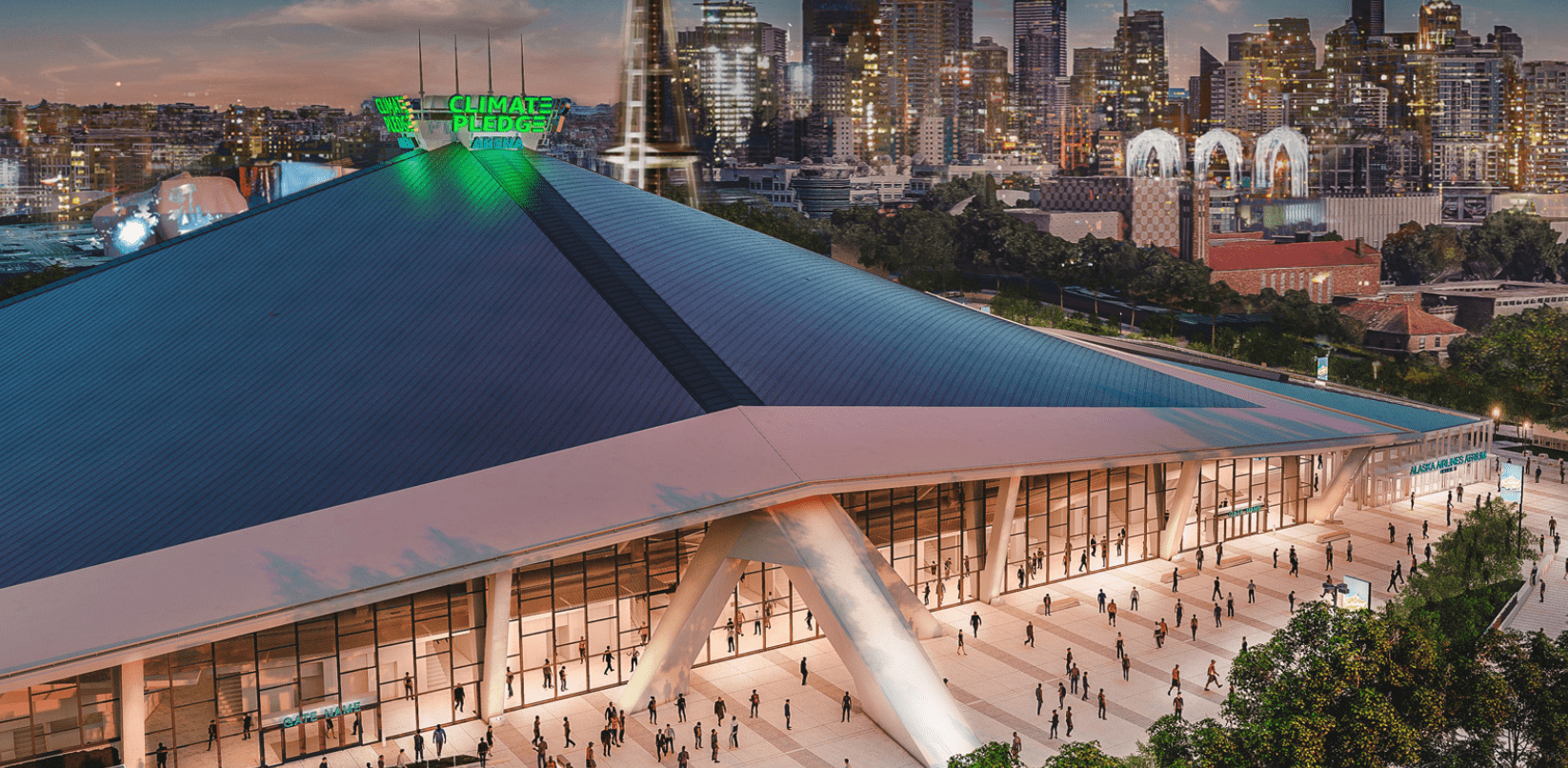 An artist's rendering of the new Climate Pledge Arena at the Seattle Center. The new arena can be seen in the late evening, with many people walking outdoors along the concourse. Downtown Seattle skyscrapers are visible in the background.