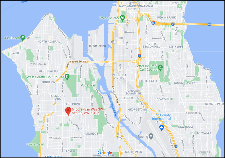 Map of the location of the West Seattle Vaccination Clinic. Much of south Seattle is shown on the map, with a red pin at the location of the West Seattle Vaccination Clinic. Puget Sound is visible in blue to the left, and Lake Washington in blue to the right.