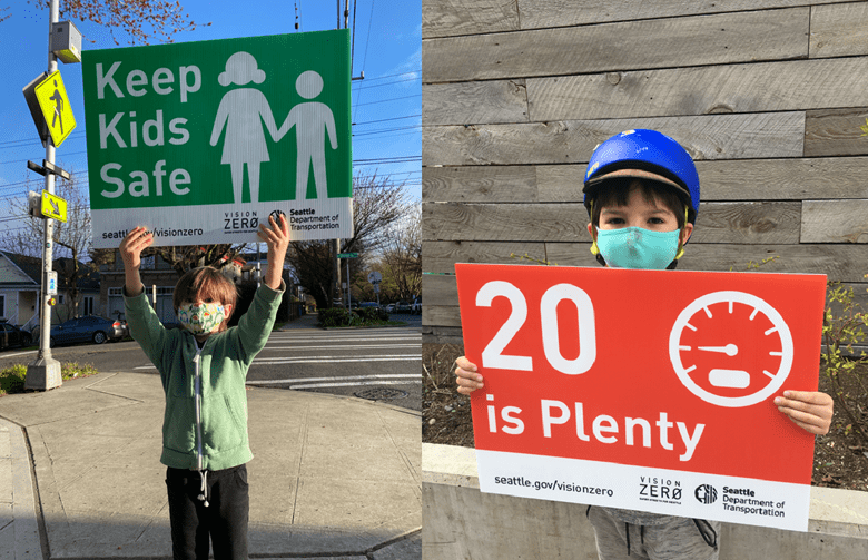 Two children are visible in separate photos. The child on the left holds up a green and white sign that says "Keep Kids Safe." The child on the right holds up a red and white sign that says "20 is Plenty," which encourages drivers to slow down while driving on local streets. Both kids are wearing masks, and the kid on the right is wearing a dark blue bicycle helmet. Both are standing outdoors.