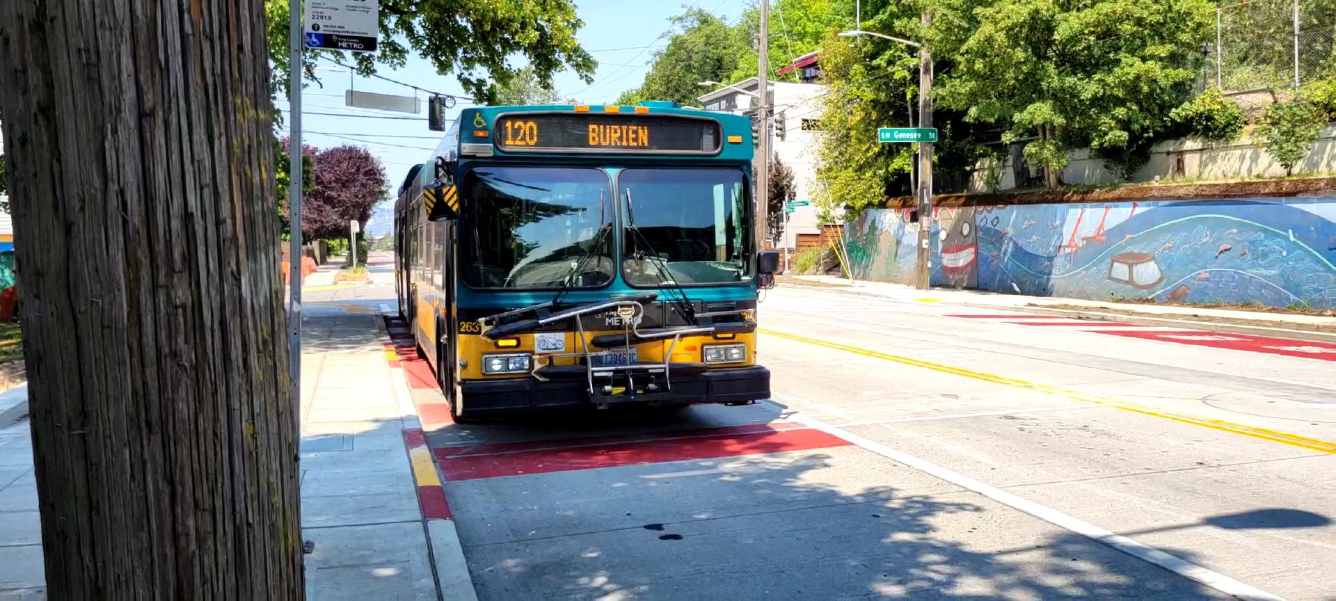 A bus using a bus-only lane on Delridge Way SW. 