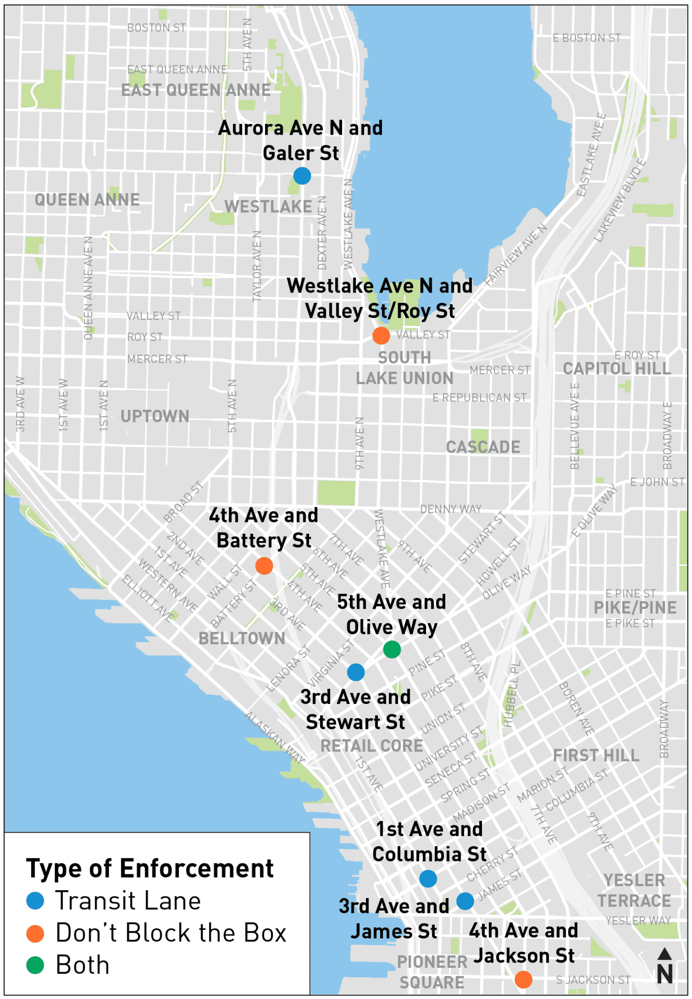 Map of locations in and around downtown Seattle where traffic cameras have been installed and activated to help reduce blocking of key intersections, crosswalks, and transit lanes. Transit lane locations are shown with a blue dot, with crosswalk and intersection locations using an orange dot. One location has both, shown with a green dot.