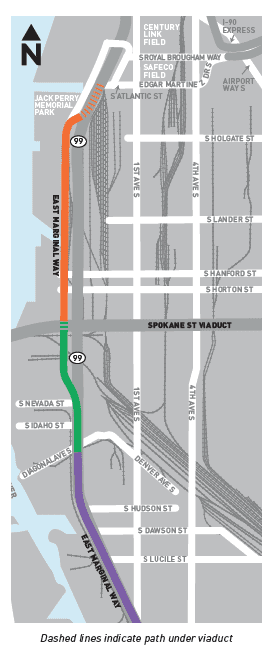 Graphic that shows the project limits and work for East Marginal Way Corridor Improvement Project