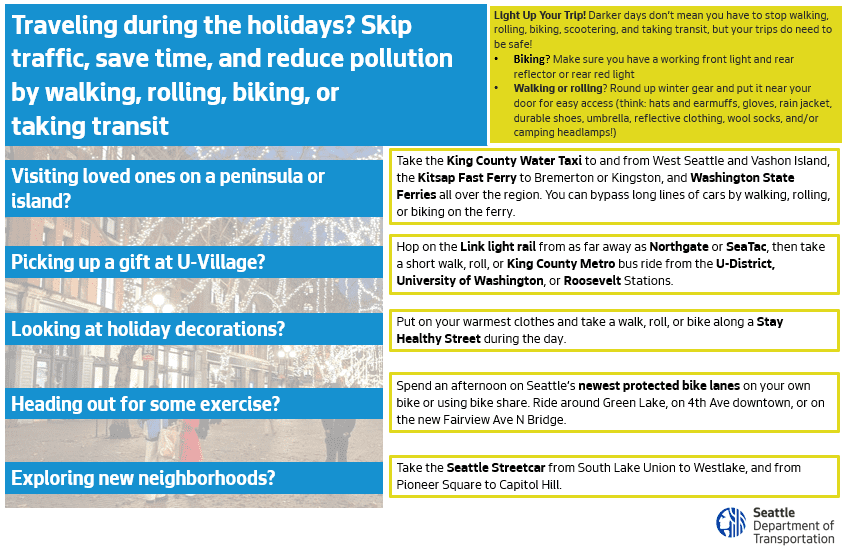 Graphic entitled "Traveling during the holidays? Skip traffic, save time, and reduce pollution by walking, rolling, biking, or taking transit" with tips on how to travel around the city