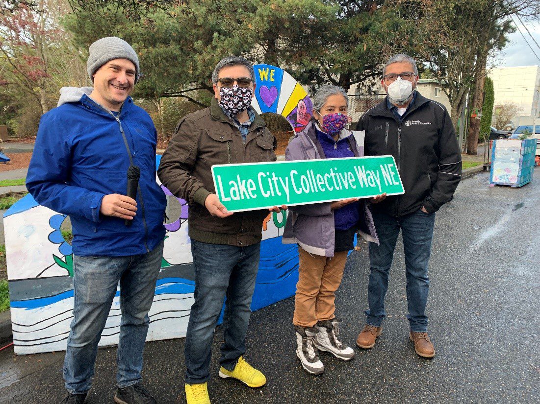 SDOT Director Sam Zimbabwe, Lake City Collective Co-Directors César Garcia and Peggy Hernandez, and Seattle Parks & Recreation Superintendent Jesus Aguirre. 