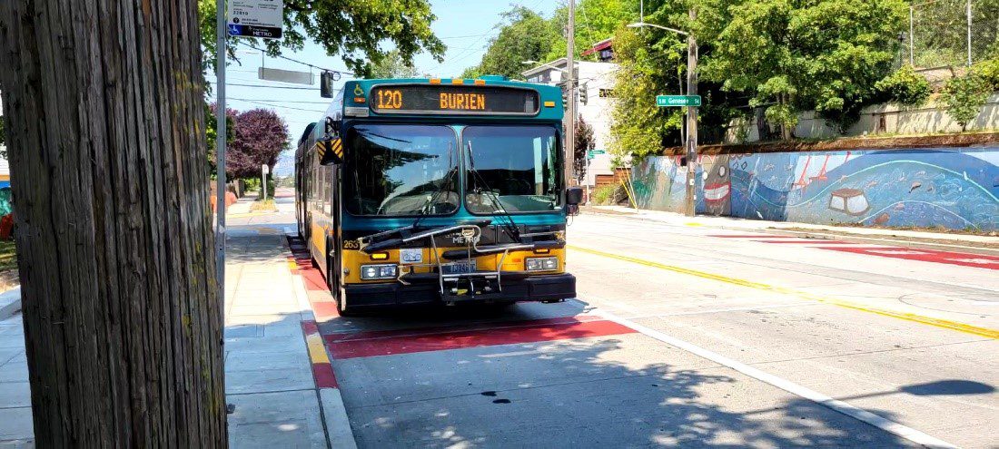 A bus using a bus-only lane on Delridge Way SW. These transit lanes make traveling by bus more efficient, and bus trips more reliable.