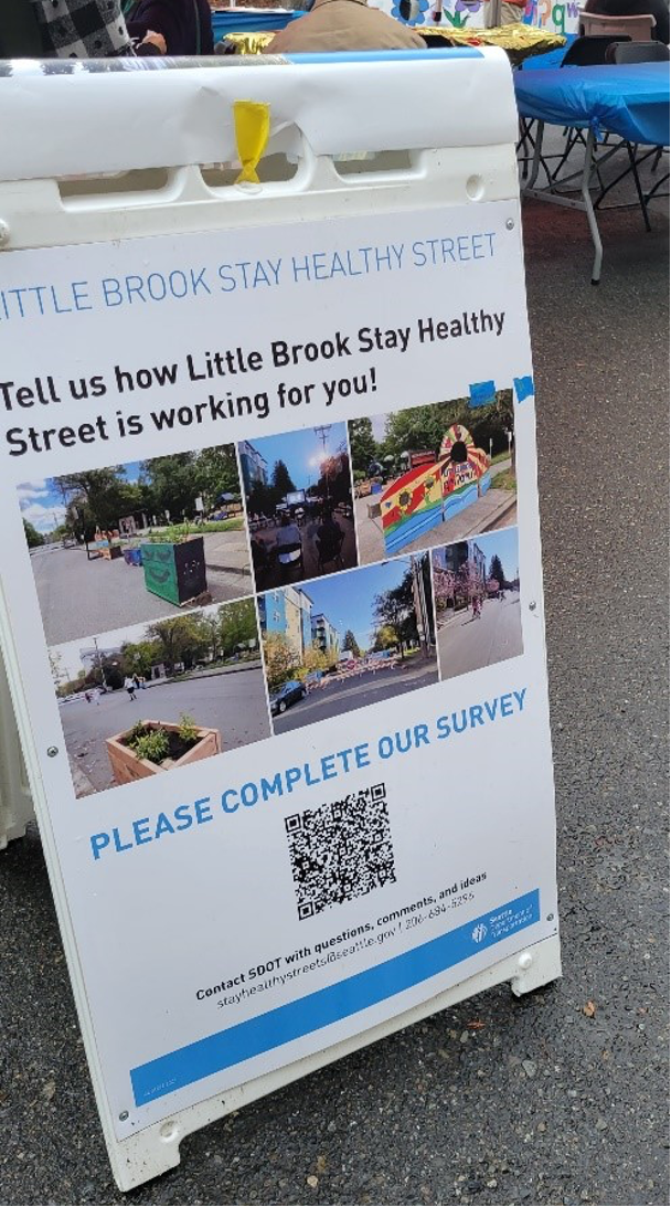 A photo of an informational sign explaining a public survey regarding the Little Brook Stay Healthy Street. The sign includes text, several photos, and a QR code to take the survey via mobile phone.