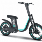 Image of a Veo e-bike. Veo is a new bike share company arriving to Seattle. A black e-bike is shown with a white background. Light blue coloring is also visible on parts of the bike, including the wheels, frame, and part of the company logo.