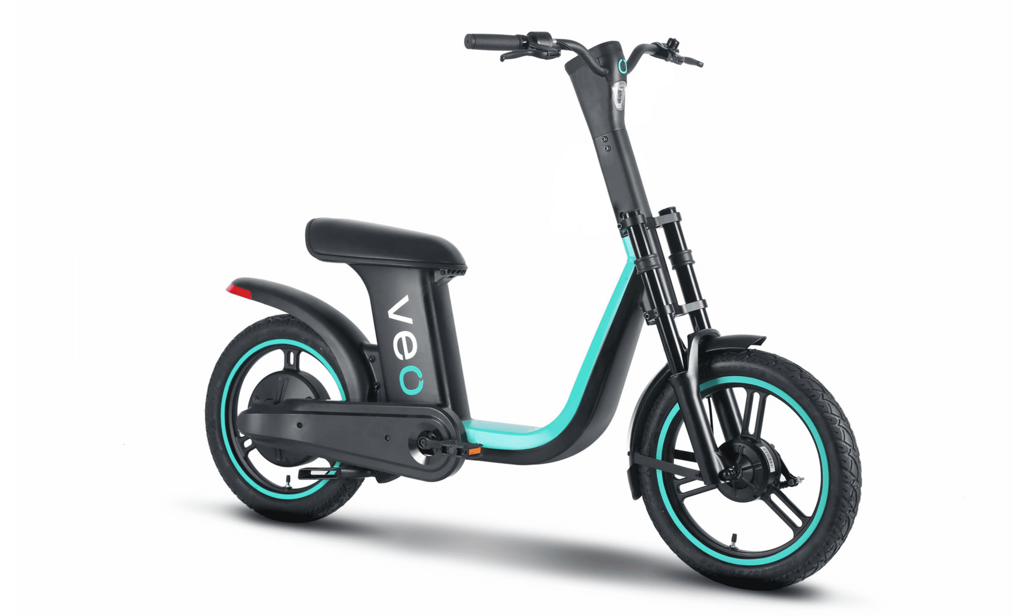 Image of a Veo e-bike. Veo is a new bike share company arriving to Seattle. A black e-bike is shown with a white background. Light blue coloring is also visible on parts of the bike, including the wheels, frame, and part of the company logo.
