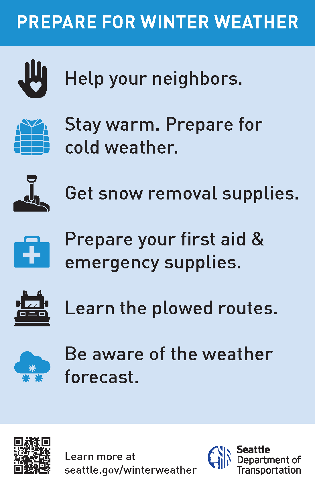 Informational graphic advising Seattle residents and travelers how to prepare for winter weather in advance. The graphic includes several smaller icons and text describing several ways to prepare.