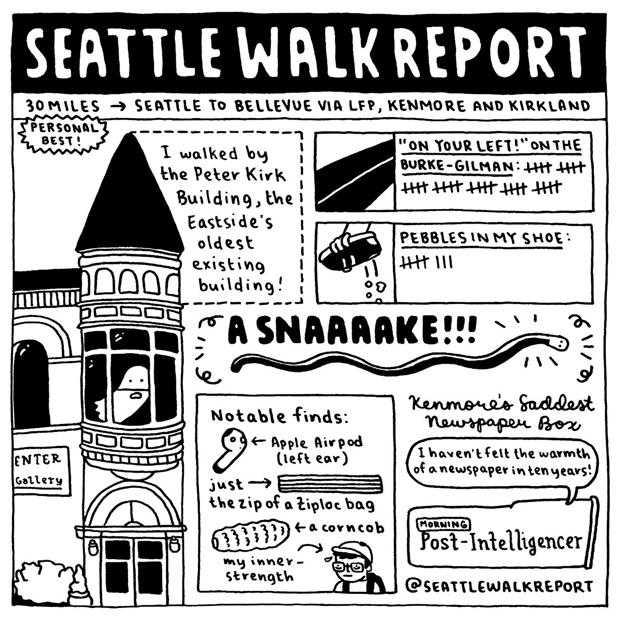 A comic by Susanna Ryan showcases the many sights that she encountered on a 30-mile-long walk from Seattle to the Eastside, including a large historic building, a bicycle-pedestrian trail, numerous pebbles and other findings.