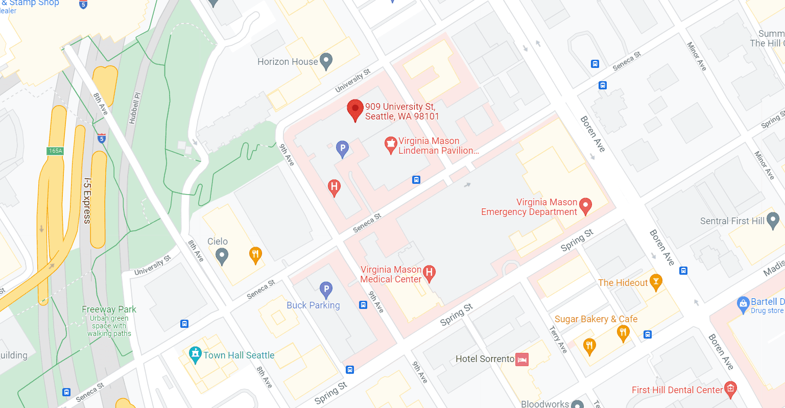 Google Maps image showing the location of the COVID-19 vaccination clinic at Virginia Mason in Seattle, WA.