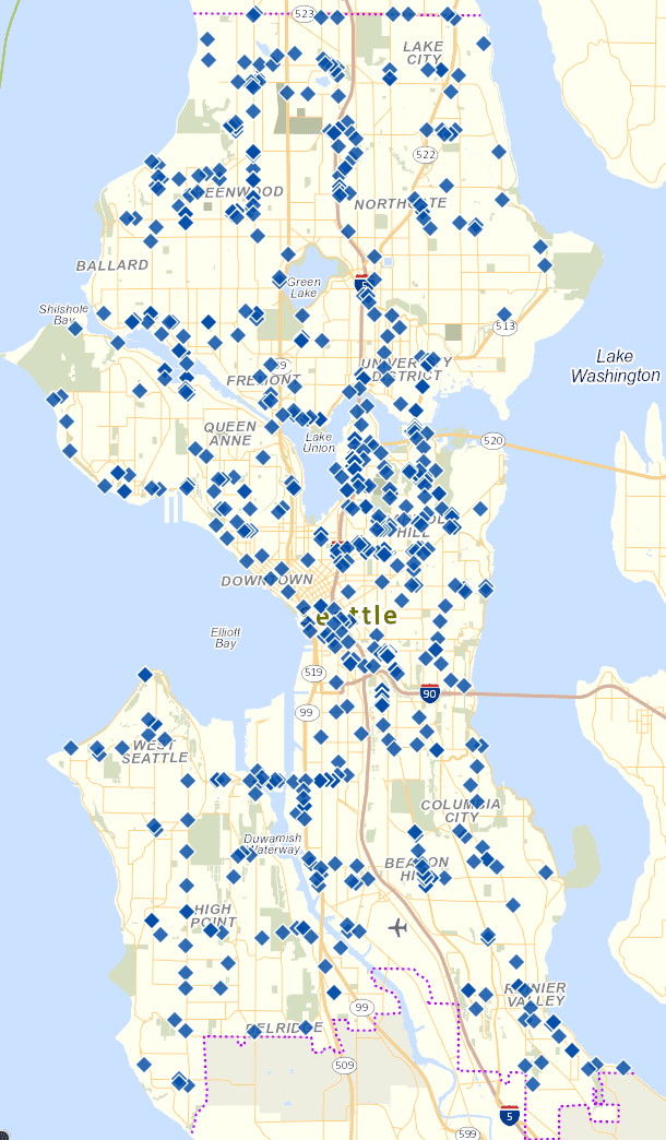 Map showing locations of recently reported potholes in Seattle (updated January 2022)