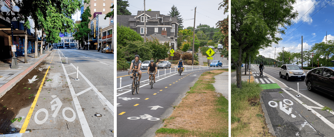 Photo of three different protected bike lanes locations in the city of Seattle. The left photo shows the protected bike lanes in downtown Seattle, the middle photo shows people biking near Green Lake, and the right photo shows the new protected bike lanes near the Jose Rizal Bridge in the Little Saigon neighborhood, on a sunny day.