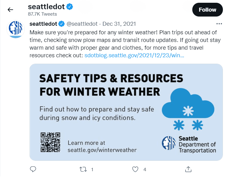 Screenshot of a Tweet shared by the Seattle Department of Transportation on December 31, 2021, sharing safety tips and links to the SDOT Blog and website for additional details and online resources.