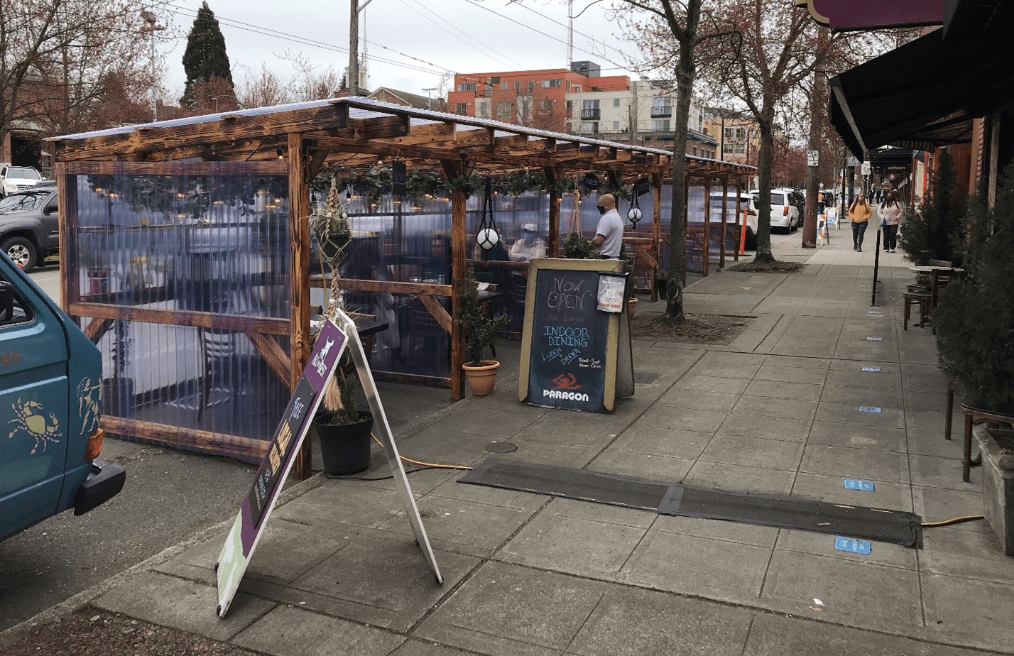 Photo of a covered outdoor dining area in Seattle's Queen Anne neighborhood.