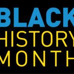 A graphic logo that states "Black History Month". The word "Black" is shown in blue text, and the words "History Month" are shown in yellow text. The background color is black.
