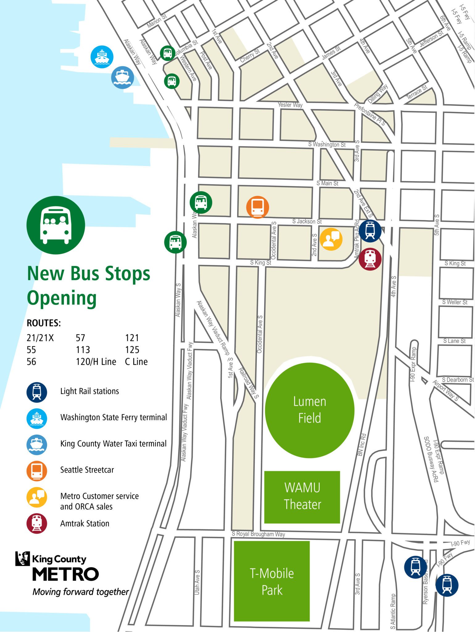Map of new bus stops along Alaskan Way S, near S Jackson St, along Seattle’s waterfront. The two new bus stops’ locations can be seen in the large green circular bus icons.