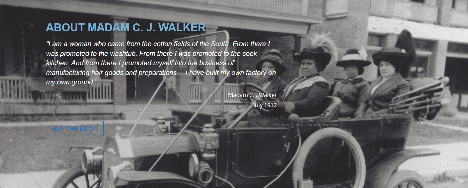 Photo of Madam C.J. Walker driving in the early 1900s, while building her business operation from the ground up.