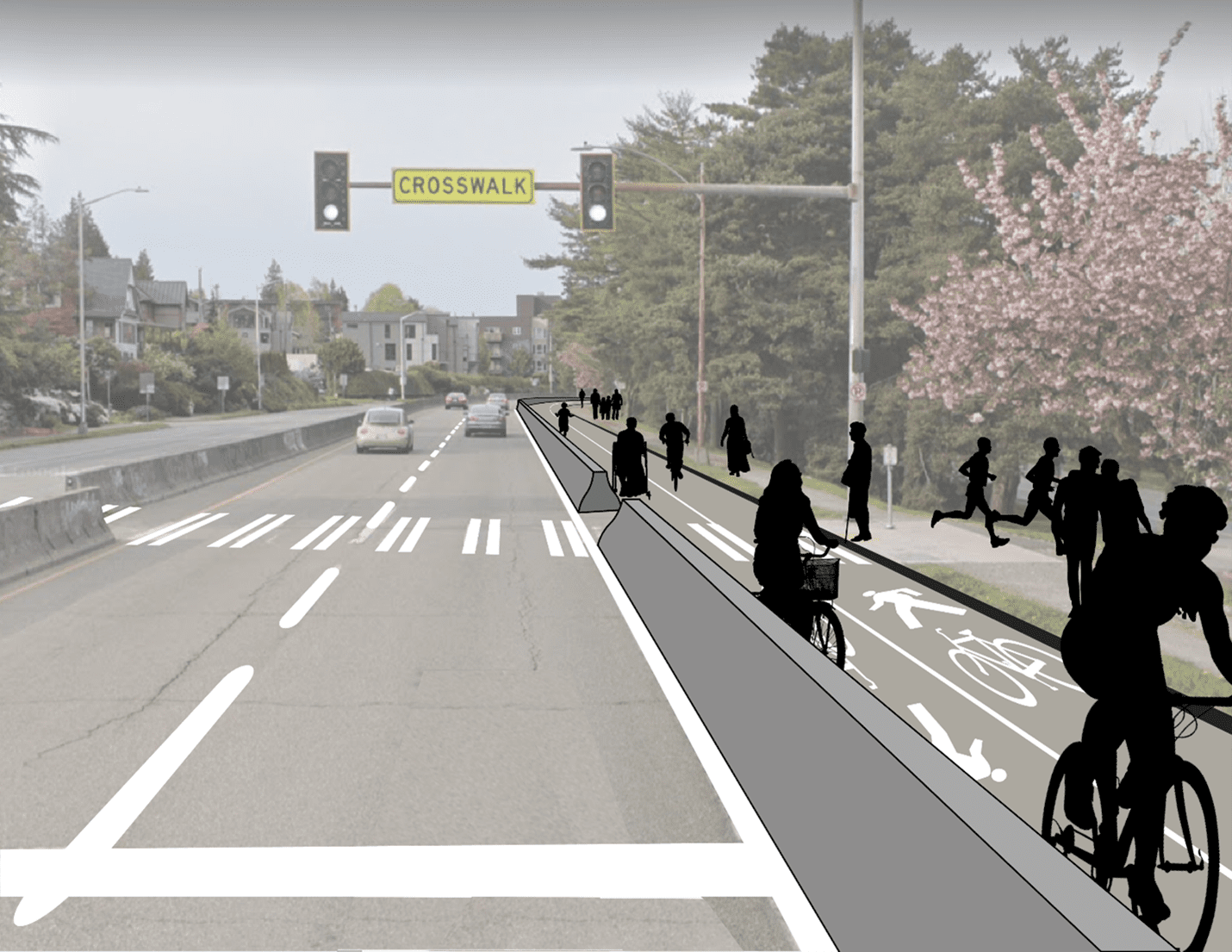A conceptual rendering of the preferred project design along Aurora Ave N, on the west side of Green Lake's Outer Loop. Renderings of people walking, running, biking, and rolling, are visible on the right side of the image, with trees visible in the upper right and Aurora Ave N visible in the middle left.