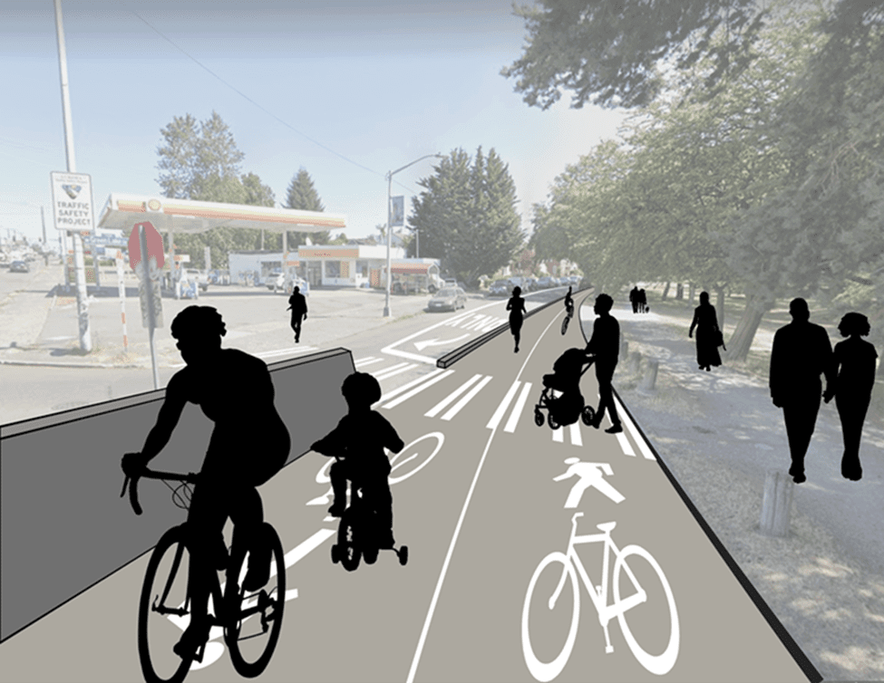 A conceptual rendering of the design concept along W green Lake Dr N. People can be seen biking, walking, rolling, and running along the outer loop connection, with trees visible in the background.