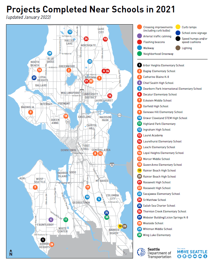 A map showing projects SDOT completed near schools in 2021.
Arbor Heights Elementary -Speed cushions/humps 
Bagley Elementary School - Crossing improvements 
Catharine Blain K-8 - Crossing improvement 
Chief Sealth HS -Arterial traffic calming 
Dearborn Park International Elementary, walkway
Decatur Elementary School -Flashing beacons 
Eckstein Middle School -Crossing improvement 
Garfield High School, Crossing improvement 
Genesee Hill Elementary -Crossing improvement 
Grover Cleveland STEM High School, walkway
Highland Park Elementary School, Neighborhood Greenway
Ingraham High School -Walkway 
Ingraham High School, walkway
Laurel Academy, Flashing beacons 
Laurelhurst Elementary School -Flashing beacons 
Leschi Elementary School, Crossing improvement 
Loyal Heights Elementary -Crossing improvement 
Mercer Middle School -Crossing improvement 
Queen Anne Elementary -Crossing improvements 
Rainier Beach High School -Curb ramps 
Rainier Beach High School- Lighting 
Roosevelt High School, Curb bulbs and RRFBs (Rectangular rapid flashing beacons)
Sacajawea Elementary, walkway
Salish Sea Charter School, School zone signage 
St Matthew School - Flashing beacons 
Thornton Creek Elementary School- Flashing beacons 
Webster Building/Licton Springs K-8 -School zone signage 
Westside School- Speed humps 
Whitman Middle School, walkway
Wing Luke Elementary Neighborhood Greenway
