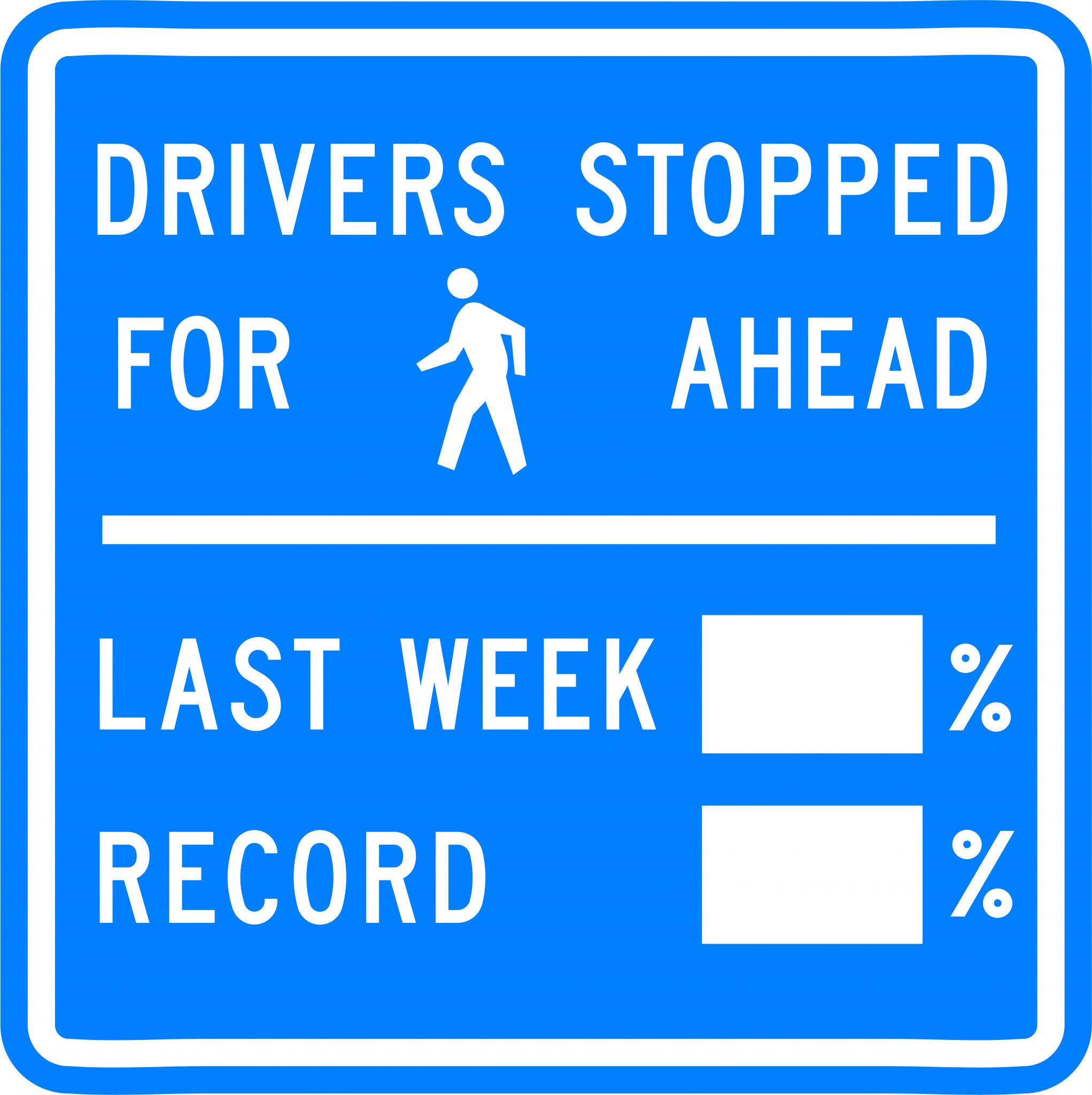 Graphic showing the “driver report card” signs being placed in Seattle. The background color is light blue, and the text a pedestrian walking icon is shown in white.