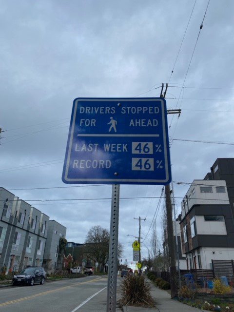 Driver report card sign at 34th Ave SW and SW Morgan St (painted crosswalk) in West Seattle's High Point neighborhood.
