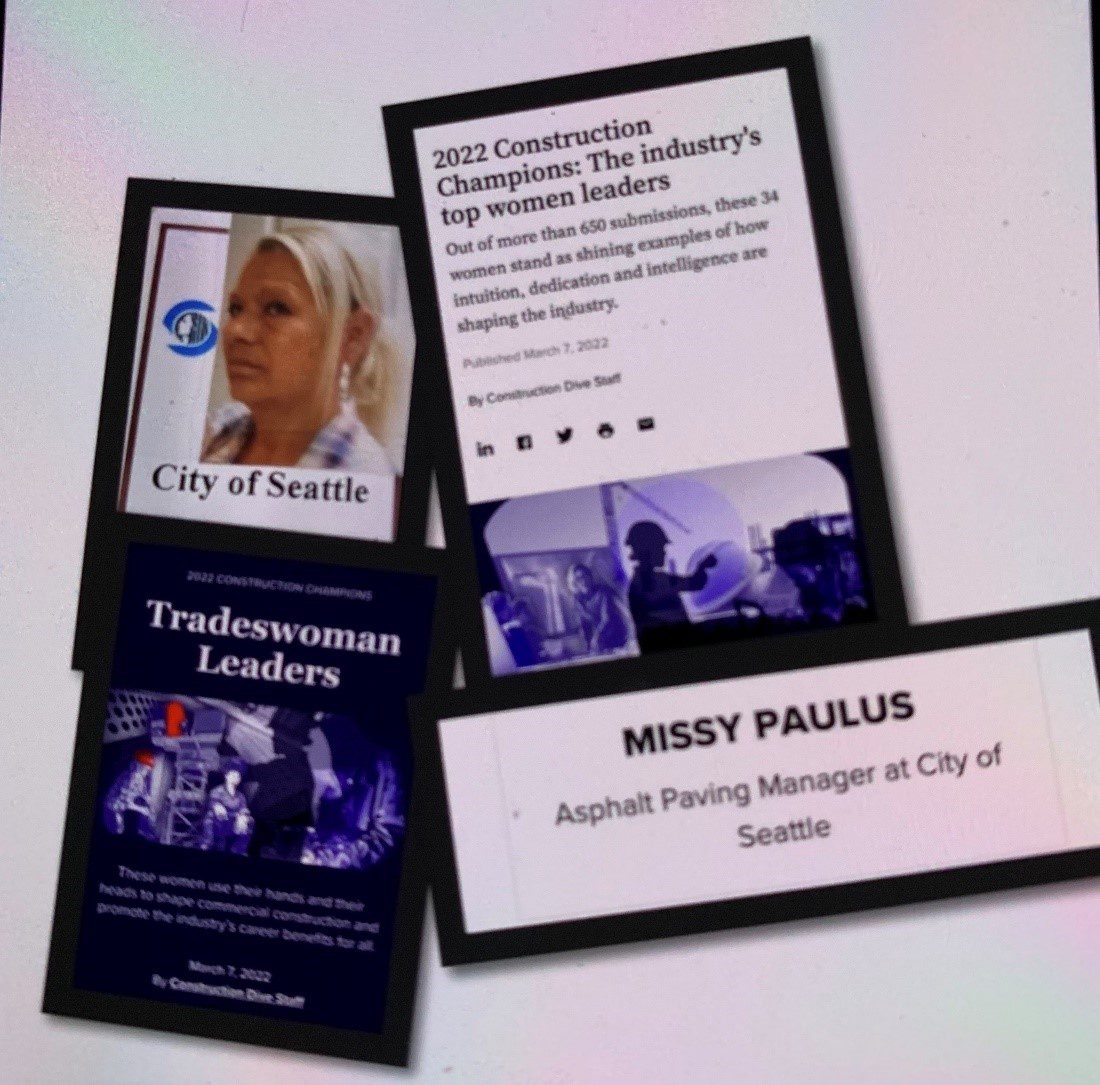 Collection of articles and images featuring Missy Paulus, including a photo of Missy, and cutouts of recent articles and name and title placards from Missy's desk.