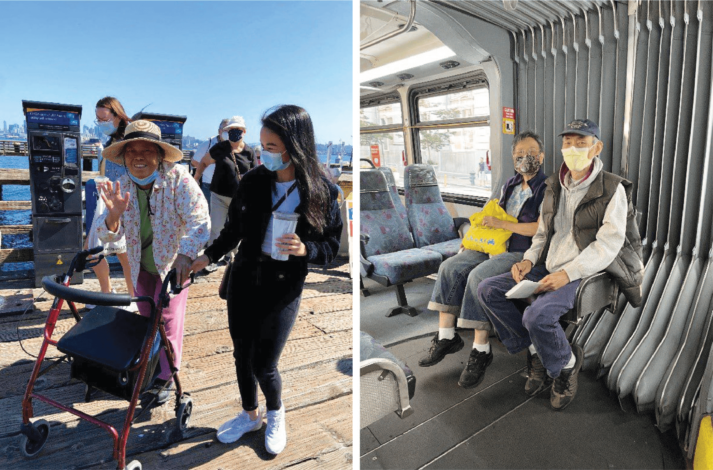Seattle community members enjoy a sunny day in the Alki neighborhood of West Seattle (left) and a ride on the bus (right) during their transit field trips in 2021.