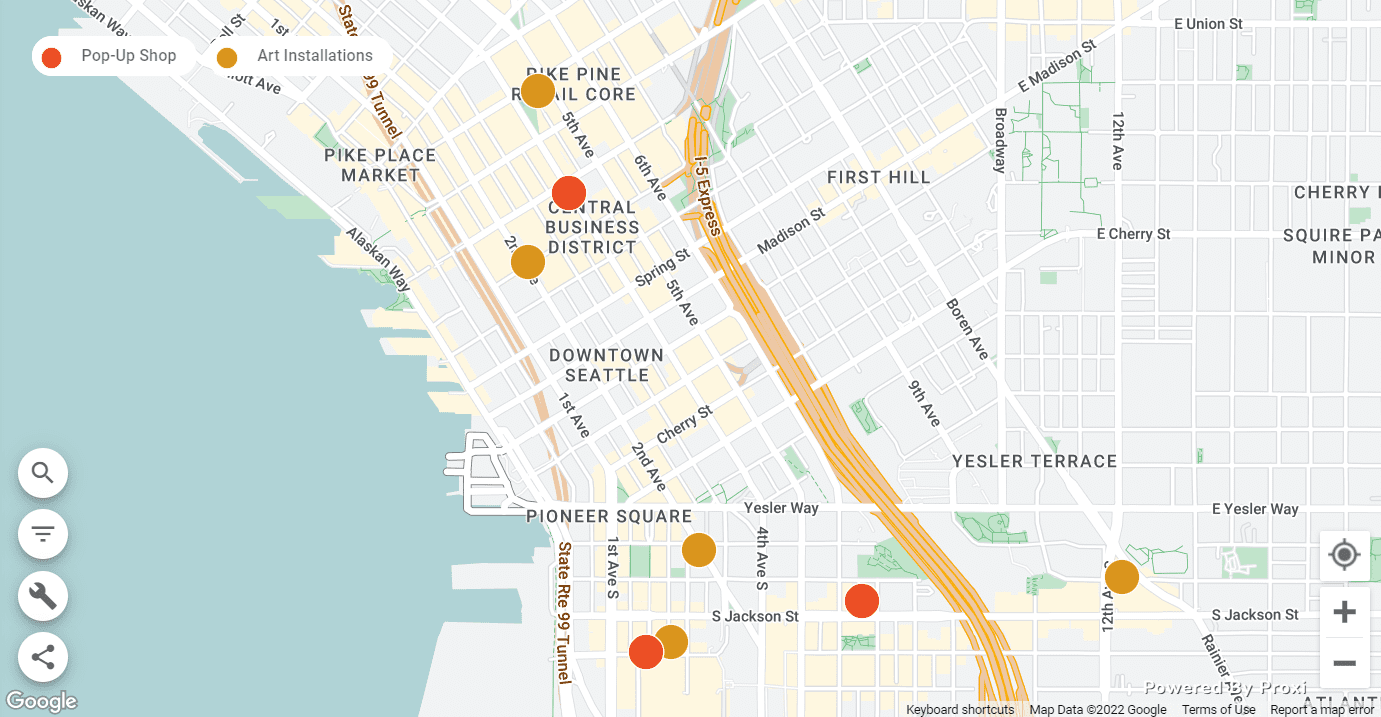 Map of current pop-up shop and art installation locations in Downtown Seattle. For the latest information, please visit www.SeattleRestored.org. 