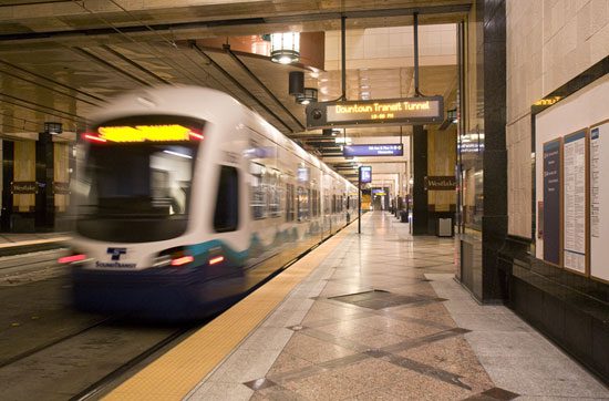 A light rail train arrives in the downtown Seattle transit tunnel.