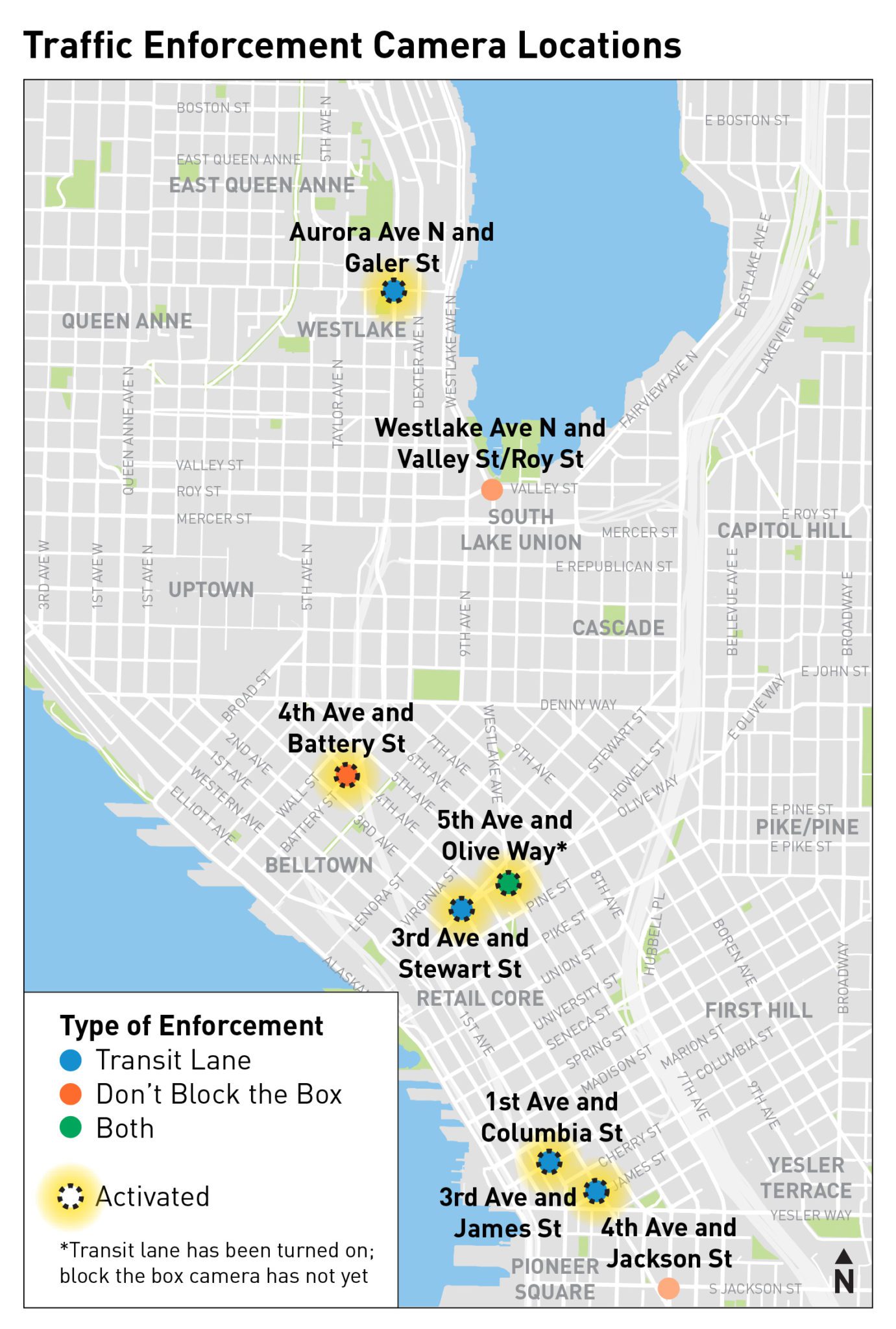 Map of locations in and around downtown Seattle where traffic cameras have been installed and are being gradually activated to help reduce blocking of key intersections, crosswalks, and transit lanes. Cameras that have been activated are shown with a light yellow highlighted outline.