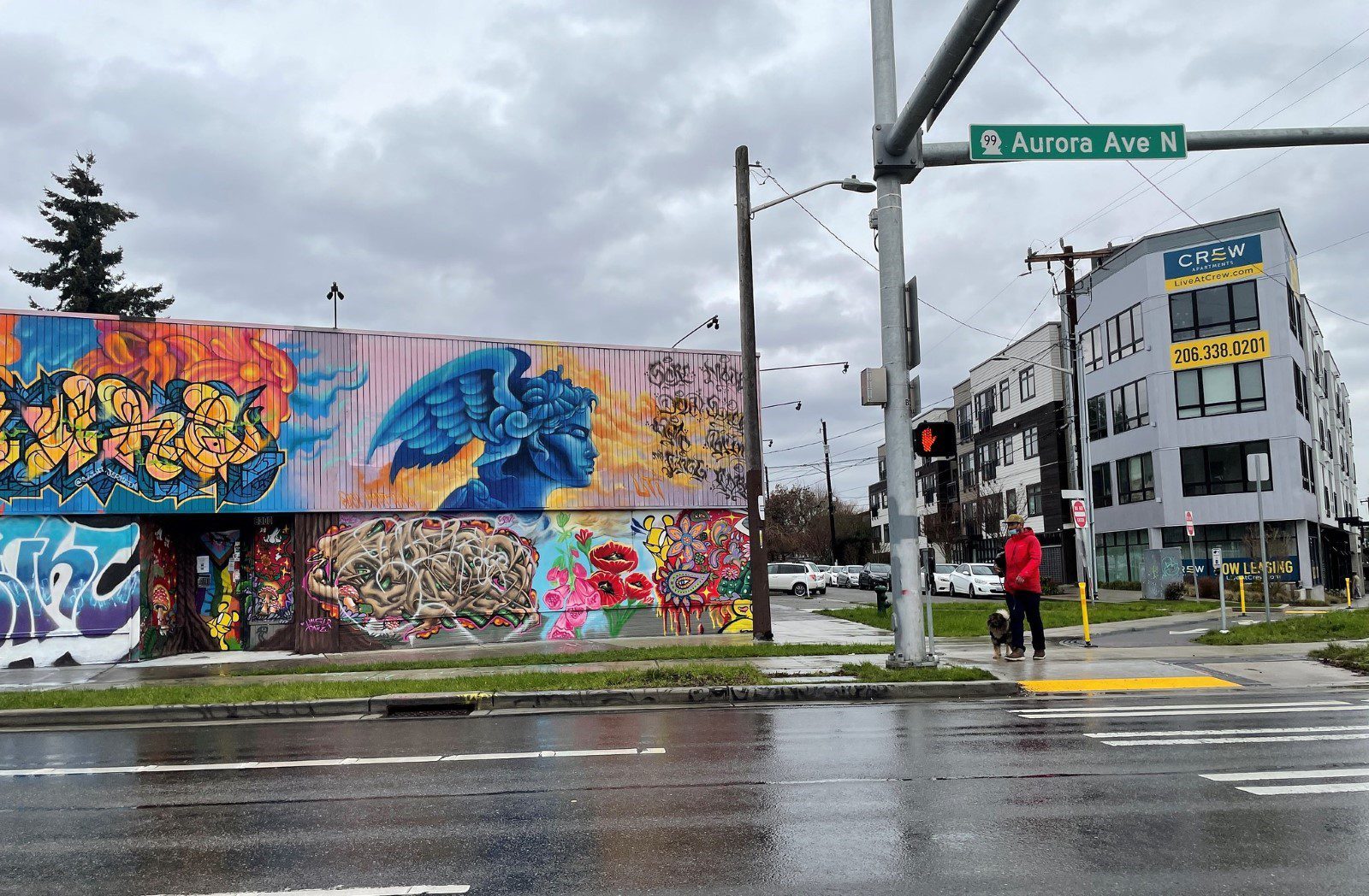 Colorful mural on Aurora Ave N near Green Lake Drive N. 