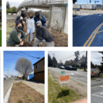 Photo collage including Stay Healthy Streets, curb bulbs, natural stormwater drains, and ADA-accessible curb ramps for people walking and rolling.