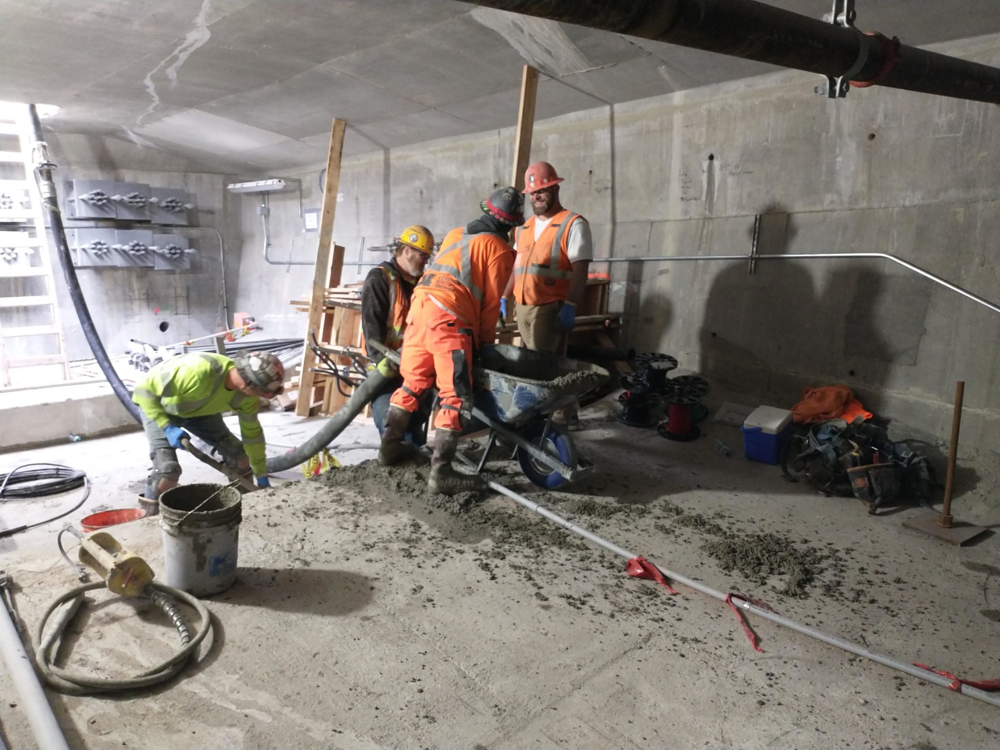 Structural concrete work taking place inside the West Seattle Bridge.