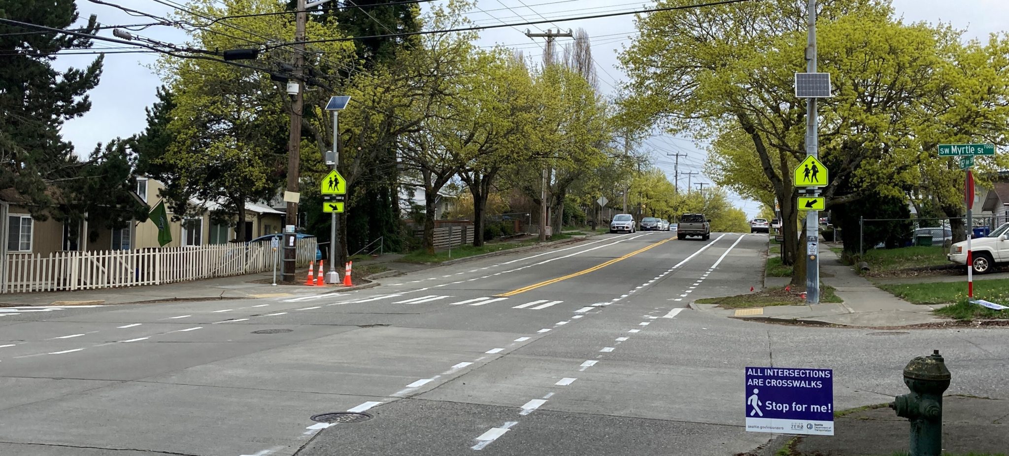 A new Rectangular Rapid Flashing Beacon (RRFB) located at 16th Ave SW and SW Myrtle St.