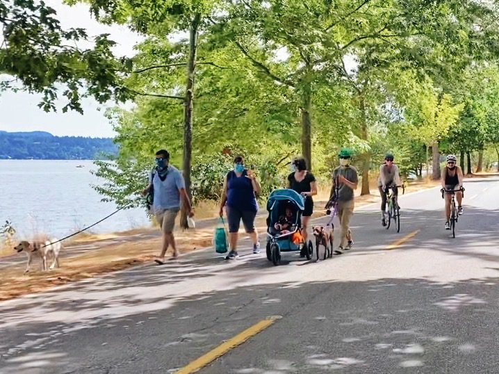 Photo of community members walking their dogs, rolling a stroller, and biking along Lake Washington Blvd during a previous summer street closure.