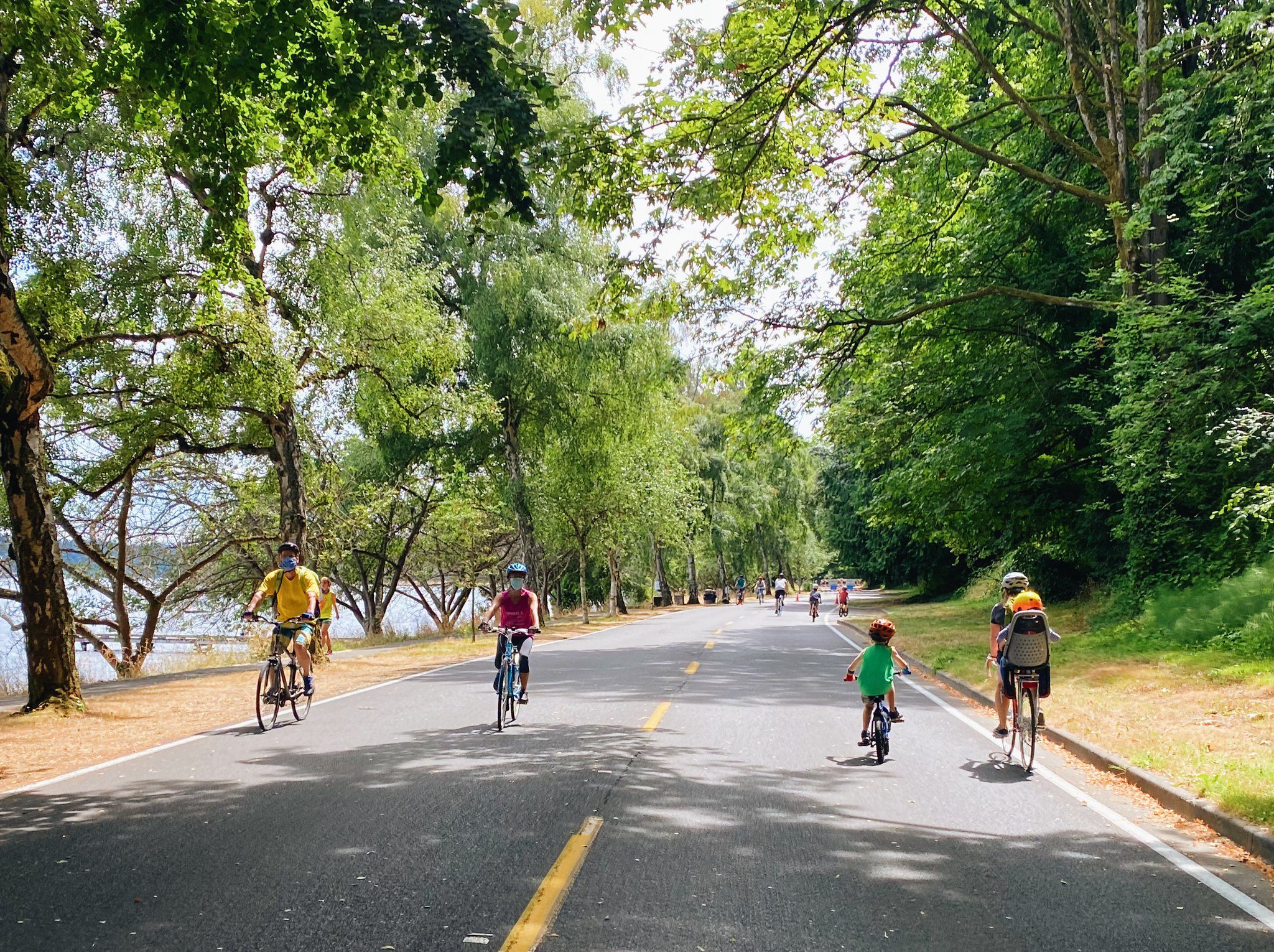 Community members biking along Lake Washington Blvd during a previous summer closure of the street. On the right side, a couple youngsters enjoy the sunny day and view of green trees lining the street.