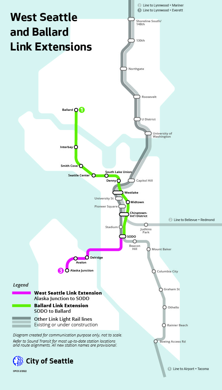 Map of the Sound Transit’s West Seattle and Ballard Link Extensions project. 