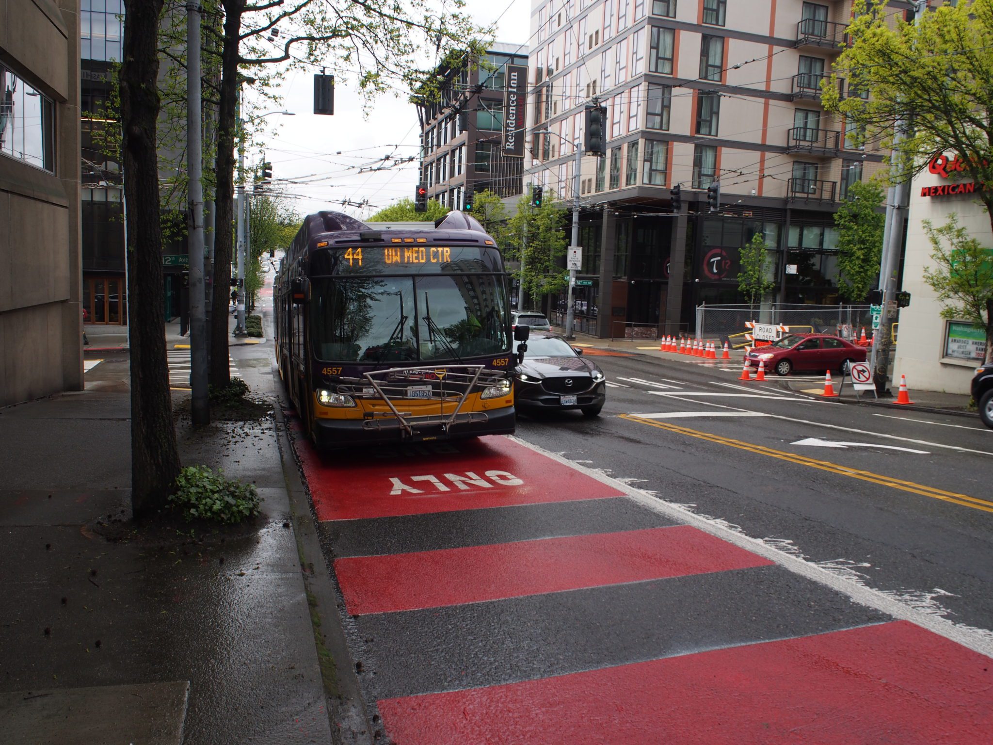Photo of the new business access and transit lane (bus lane) along NE 45th St in the U District.