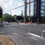 The intersection of NE 65th St and Brooklyn Ave NE, which was improved as part of the NE 65th St Pedestrian Safety Enhancements Project, a Neighborhood Street Fund project. Photo Credit: SDOT