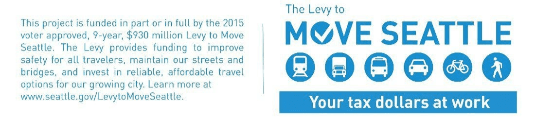 graphic icon showing the Levy to Move Seattle, a voter-approved levy that provides funding to the Seattle Department of Transportation. The logo says "Your Tax Dollars at Work" and includes icons of a train, truck, bus, car, bike, and person walking.