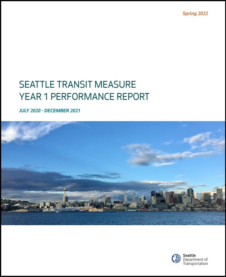 The cover page of the Seattle Transit Measure Year 1 Performance Report. The cover page includes the report's title "Seattle Transit Measure Year 1 Performance Report" as well as the Seattle Department of Transportation logo and a photo of the Seattle skyline on a sunny day.