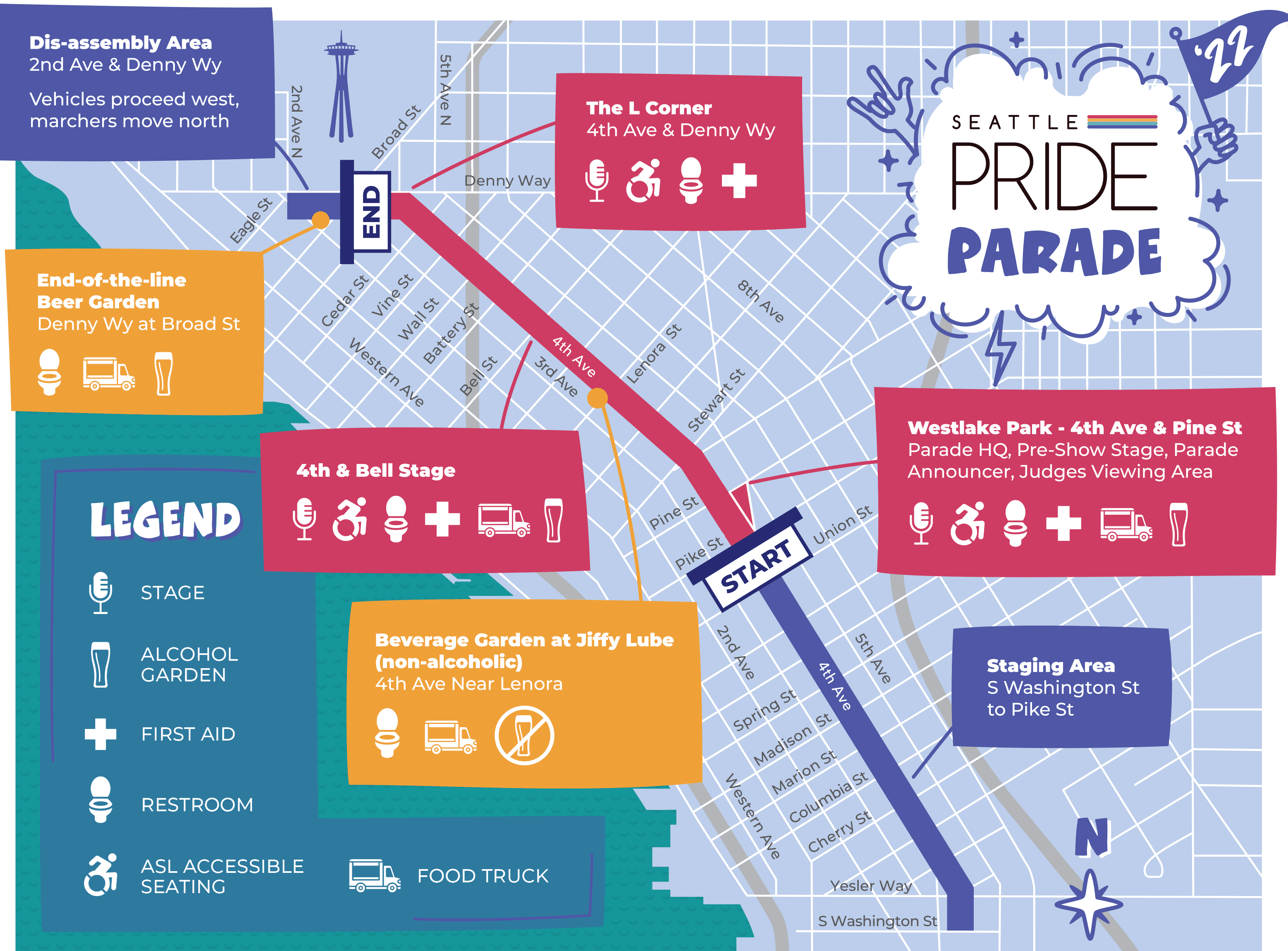 Map of the planned route for the Seattle Pride Parade, on Sunday, June 26, 2022. The map shows downtown Seattle and surrounding areas and shows where the parade will travel along 4th Ave.
