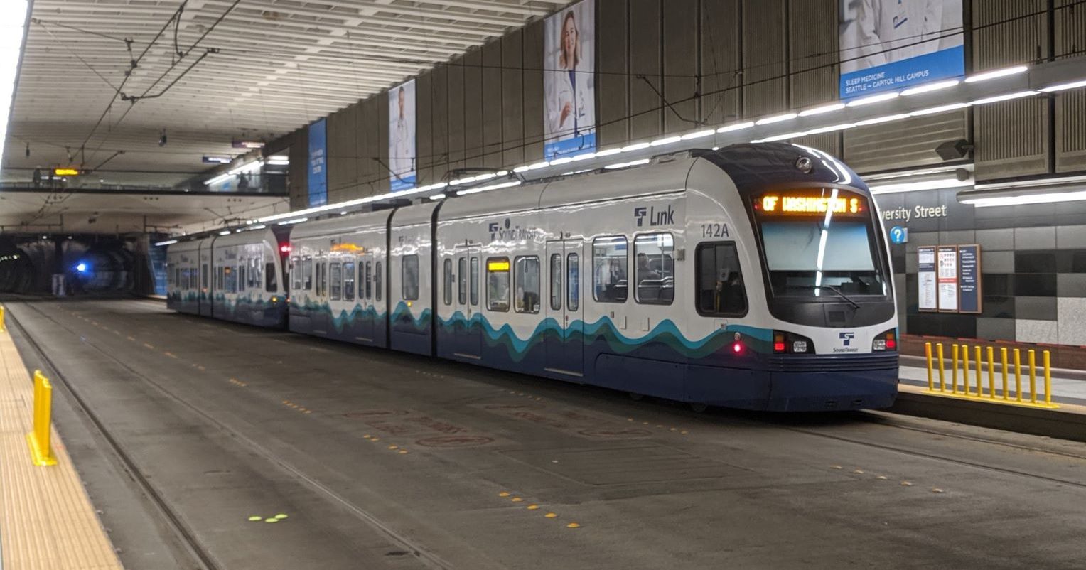 A Link light rail train travels through the downtown Seattle transit tunnel.