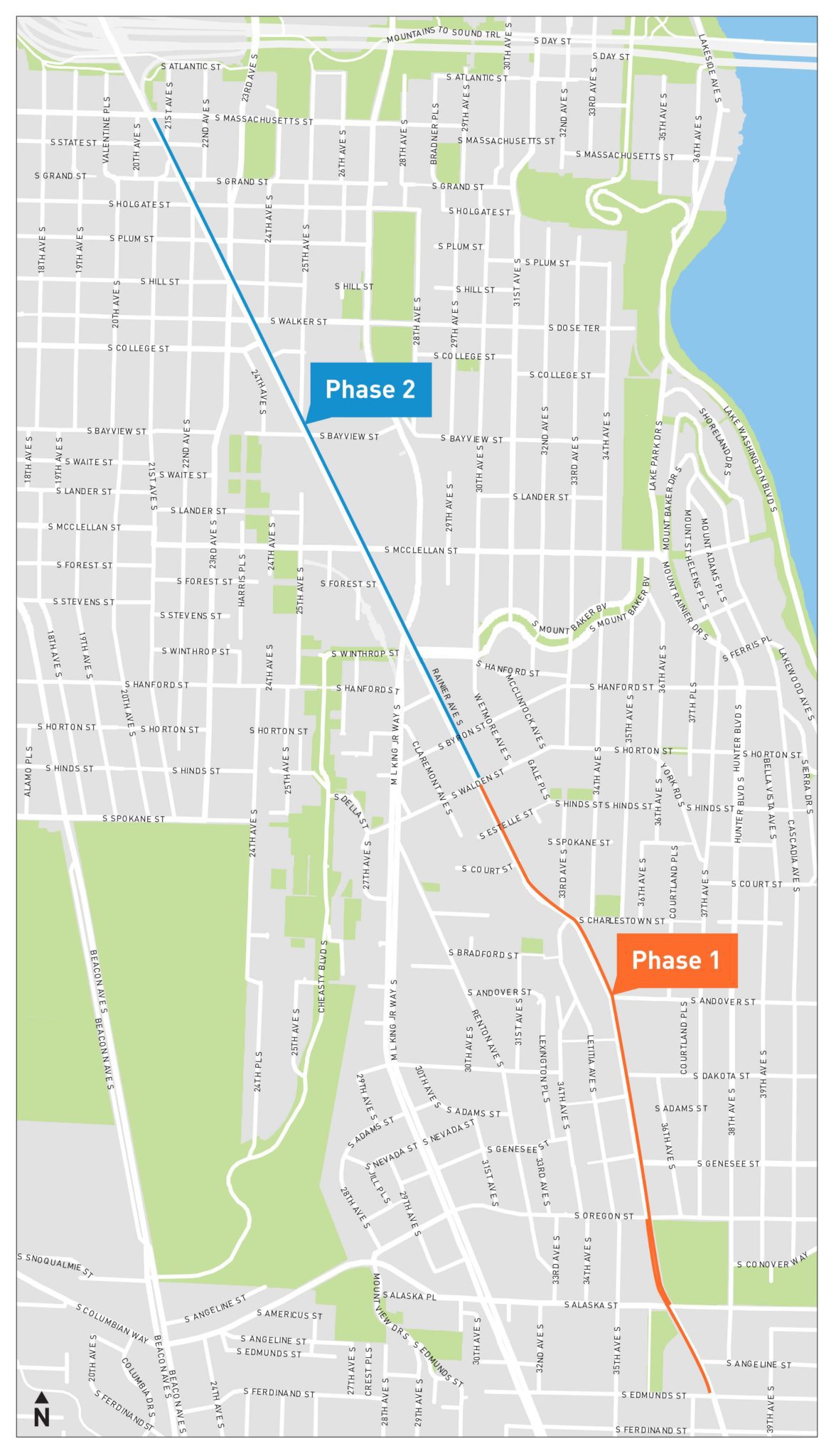 Project area map.  Phase 1 is shown in orange, with Phase 2 shown in a blue line along Rainier Ave S.